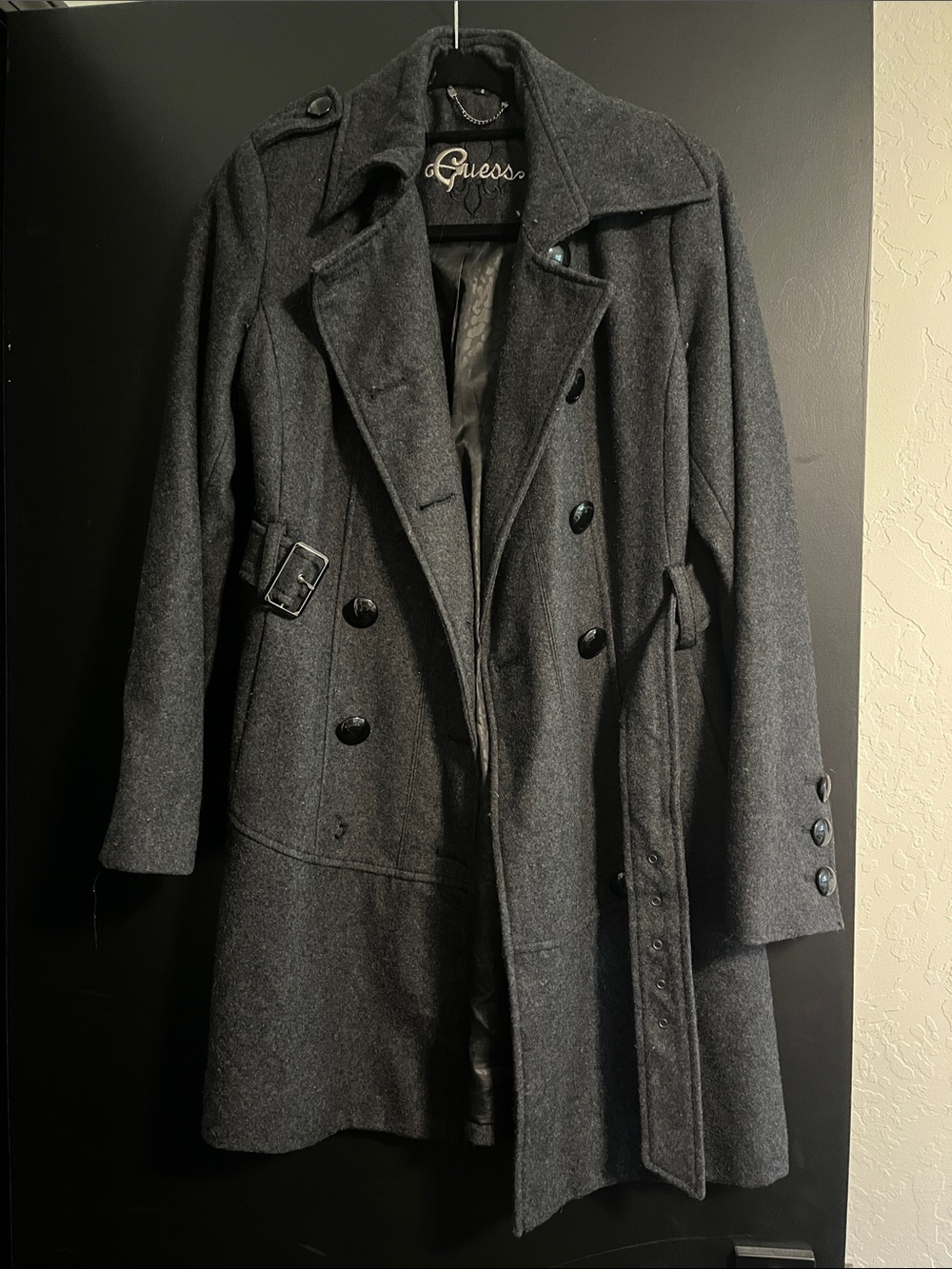 GUESS Women’s Dark Charcoal Double-Breasted Wool Pea Coat
